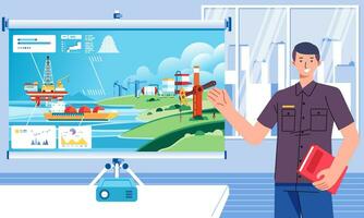 jong mannen presenteren statistisch diagram en tabel zee olie offshore tuigage gas- energie fabriek Bij kantoor presentatie vector