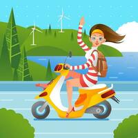 vector illustratie van jong Dames golvend hand- terwijl rijden een motorfiets met zee en vallei in de achtergrond