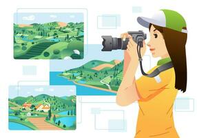 jong Dames fotograaf Holding een camera en nemen afbeeldingen van de landschap vector illustratie