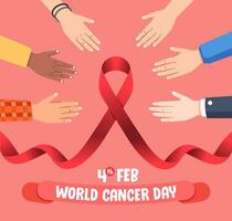 wereld kanker dagen campagne poster illustratie, handen met verschillend huid kleur en kleren met rood lint in de centrum vector