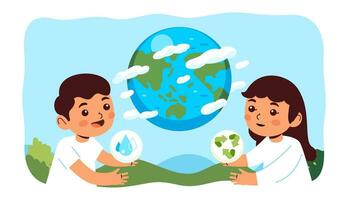 kinderen vieren aarde dag. jongen, meisje kinderen liefde voor wereld planeet wereldbol. milieu bescherming, ecologie behoud concept vector