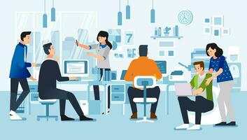 mensen in kantoor met hun activiteiten, bespreken, werken met computer, met kantoor interieur vector illustratie