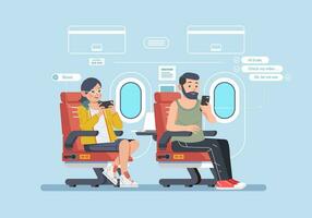 mensen reizen door vliegtuig vector illustratie en bezig met hun smartphone, vlak interieur met single stoel en venster net zo achtergrond