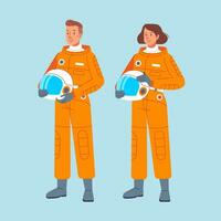 mannetje en vrouw kosmonaut met helm en ruimtepak. Mens vrouw astronout karakter vector