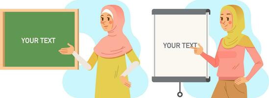 reeks van moslim hijab leraar presenteren de les met bord vector illustratie