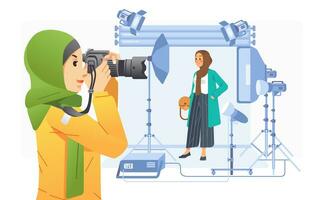 jong meisje fotograaf nemen een afbeelding van modieus hijab meisje in profesional studio vector illustratie