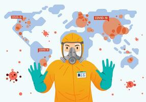 persoon vervelend Hazmat pak en wereld kaart net zo achtergrond met besmettelijkheid virus over- de wereld vector