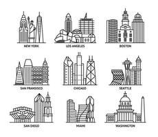 Verenigde Staten van Amerika steden teken contour lineair icoon set. vector