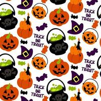 naadloos patroon voor halloween. vector illustratie van een halloween feest. heks hoed, ketel, toverdrank, snoep, kaarsen en pompoenen. vector tekenfilm vlak naadloos patroon. het drukken textiel. verpakking