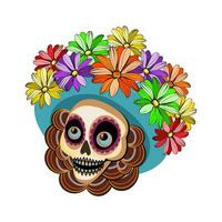 Catrina is symbool van dag van de dood. suiker schedel met hoed en bloemen vector