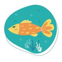 gouden gelukkige vis op blauwe achtergrond met zeewier vector