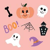 pret halloween patroon met pompoen, kasteel, hoed, schedel, spinneweb en geest vector