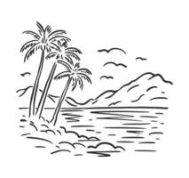 panorama van de zomer landschap. hoog palm bomen tegen de backdrop van bergen en zee en wolken. vector lineair illustratie