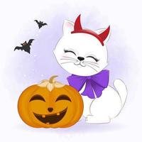 schattige kat met pompoen en vleermuis cartoon dier halloween illustratie vector