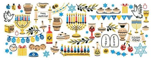 grote verzameling hanukkah-symbolen met menora, gors, munten, olie vector