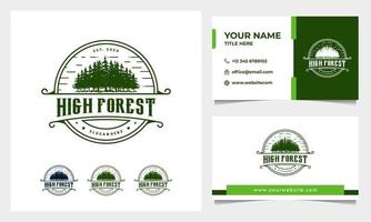 vintage grenen, handgetekende bos logo ontwerp vector met visitekaartje