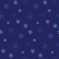 winter naadloos patroon. blauw en wit tekening sneeuwvlokken Aan donker blauw achtergrond. patroon voor textiel, kleding stof, kaart, omhulsel papier, uitnodiging, behang, enz. vector illustratie