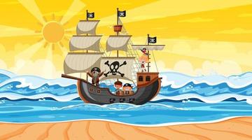 strand met piratenschip bij zonsondergangscène in cartoonstijl vector