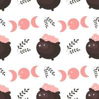halloween roze baby achtergrond. naadloos patroon met schattig halloween elementen, magie pot, maan en sterren. tekenfilm ontwerp in vlak stijl. vector