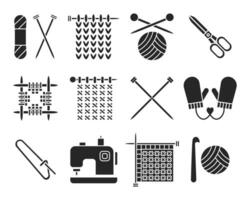 breien, zwart pictogrammen set. haken breiwerk machine met naald- draden. hobby en handwerk concept. Sjablonen, vector