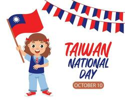 Taiwan nationaal dag groet kaart. schattig weinig meisje met Taiwan vlag. Taiwan gedenkteken dag is oktober 10. illustratie, banier, poster, vector