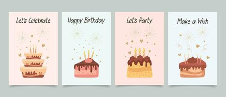 gelukkig verjaardag. reeks van groet kaarten met cakes en kaarsen en schoonschrift belettering. schattig Gefeliciteerd Sjablonen in vlak stijl. vector