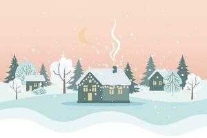 winter landschap met schattig huizen, bomen en nacht lucht met maan, vrolijk Kerstmis groet kaart sjabloon. illustratie in vlak stijl. vector