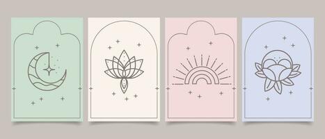een reeks van esoterisch mystiek posters met geestelijk symbolen, maan, zon, sterren, bloemen. Sjablonen, tarot kaarten, boho stijl. vector