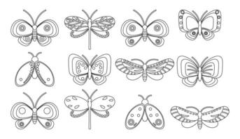 reeks van contour tekeningen van insecten, vlinders, libellen en motten. ontwerp voor kleur boek. pictogrammen, vector