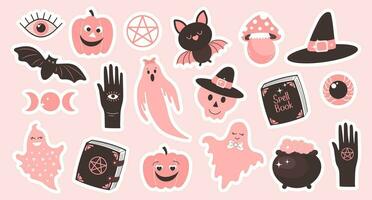 halloween reeks met roze elementen. halloween stickers, hand, geesten, vleermuizen, magie pot, maan, pompoenen, oog, spellen boek en schedel. tekenfilm ontwerp in vlak stijl. vector