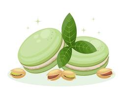 Frans pistache macarons en pistachenoten met bladeren. voedsel illustratie, vector