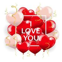 feestelijk banier, rood en roze hart ballonnen en gouden serpentijnen. ansichtkaart ik liefde jij, poster, 3d illustratie, vector
