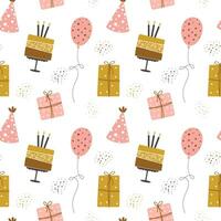 naadloos patroon gelukkig verjaardag. taarten, ballonnen, geschenk dozen en partij hoeden. feestelijk achtergrond in gemakkelijk stijl met gouden schittert, vector