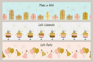 gelukkig verjaardag banners sjabloon set. naadloos grenzen. taarten, ballonnen, cadeaus en partij hoeden met kalligrafie. feestelijk achtergronden in een gemakkelijk stijl. vector