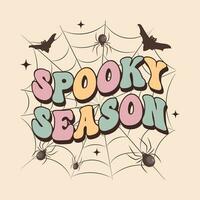 groovy belettering kaart voor halloween. spookachtig seizoen schoonschrift Aan een web met spinnen en vleermuizen. retro ontwerp voor affiches, kaarten, t overhemden vector