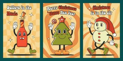 vrolijk Kerstmis en gelukkig nieuw jaar. boom, fles, sneeuwman. retro tekenfilm stijl. groet kaarten, sjabloon, affiches, afdrukken, partij uitnodigingen en achtergronden. rood, oranje, geel. bewerkbare hartinfarct. reeks vector