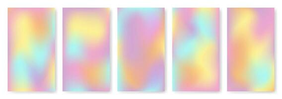 y2k holografische helling posters en banier set. iriserend aura pastel regenboog maas achtergronden. zacht wazig roze, blauw, oranje, geel texturen voor sociaal media Sjablonen en andere grafisch ontwerpen. vector
