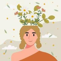 vlak ontwerp vector illustratie concept van vrouw met bloemen in haar hoofd.