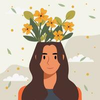 vlak ontwerp vector illustratie concept van vrouw met bloemen in haar hoofd.