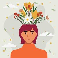 vlak ontwerp vector illustratie concept van vrouw met bloemen in haar hoofd.