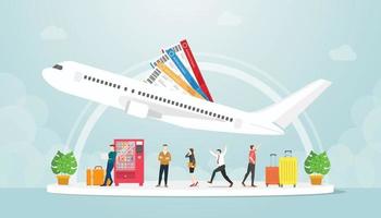 luchthavenvervoer met mensen en vliegtuigvlieg met ticket vector