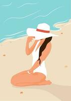 meisje in een hoed Aan de strand. meisje Aan de strand. de meisje Bij de zee. een vrouw in een zwempak. zomer vector illustratie