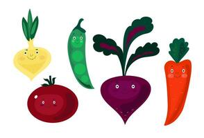 groente set.cartoon groenten aan het eten voor kind, grappig schattig groenten karakters, kawaii gezond voedsel vector