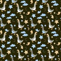 vector naadloos patroon met grappig ganzen in slaapmutsen, sterren, wolken en de maan.