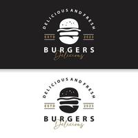 hamburger logo snel voedsel ontwerp, heet en heerlijk voedsel vector sjabloon illustratie