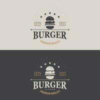 hamburger logo snel voedsel ontwerp, heet en heerlijk voedsel vector sjabloon illustratie