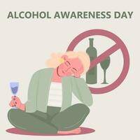 alcohol bewustzijn dag. verdrietig vrouw met een glas van alcohol vector