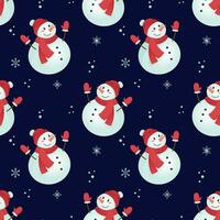Kerstmis naadloos patroon met schattig sneeuwman in winter kleding en sneeuwvlokken Aan donker blauw achtergrond. perfect voor textiel, behang of afdrukken ontwerp vector