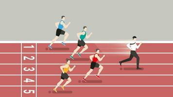 grappig concept. sneller kantoor Mens rennen winnen over- hardlopers atleet in ras spoor. vector