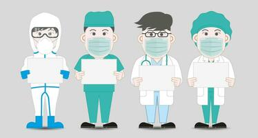 Aziatisch dokter slijtage chirurgisch maskers, medisch masker en pak Holding blanco papier. vector